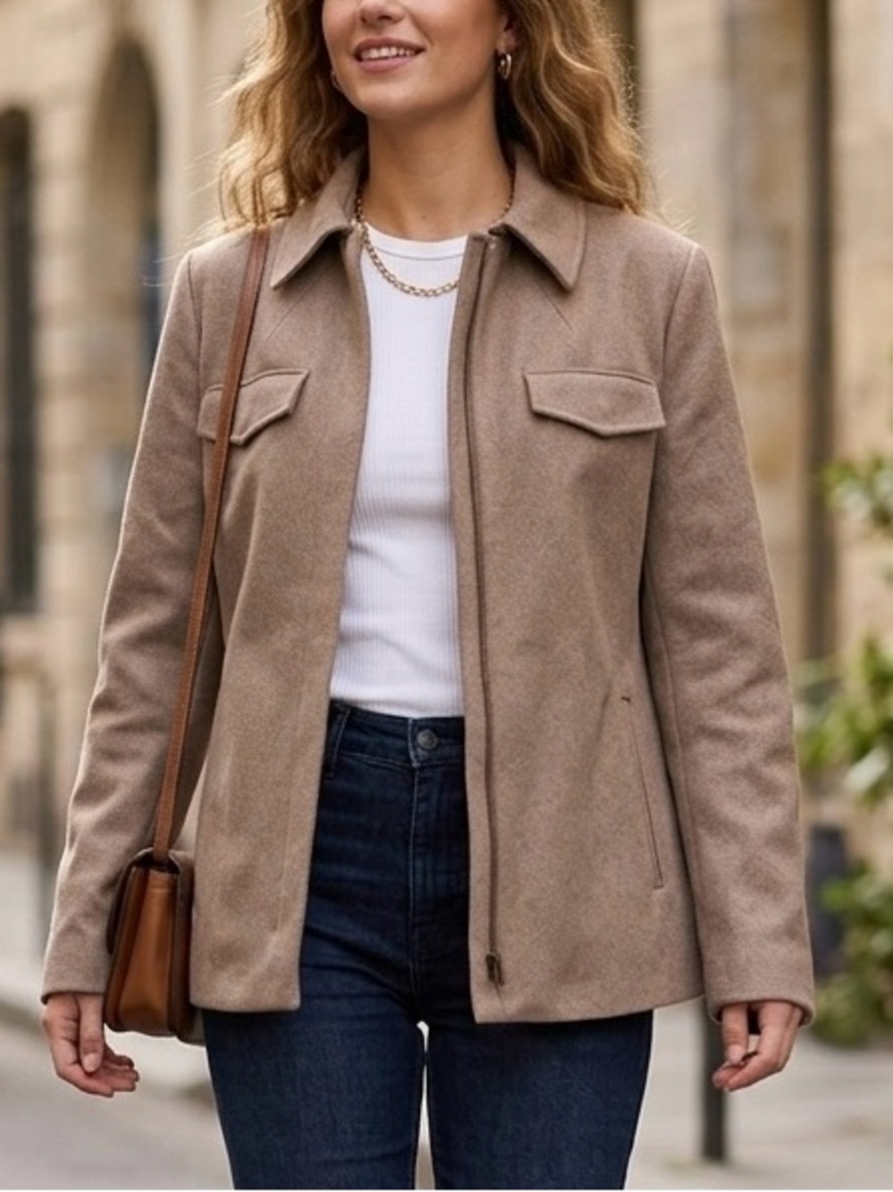 J.CREW Women's M Wool Blend Tan Beige Zip Up Jacket Coat